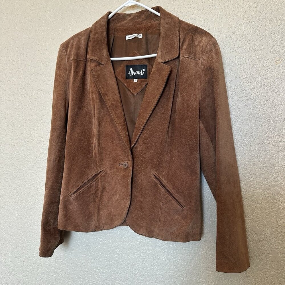 Avanti Woman Size 12 Tan 100% Genuine‎ Pig Suede Leather Button Blazer Jacket